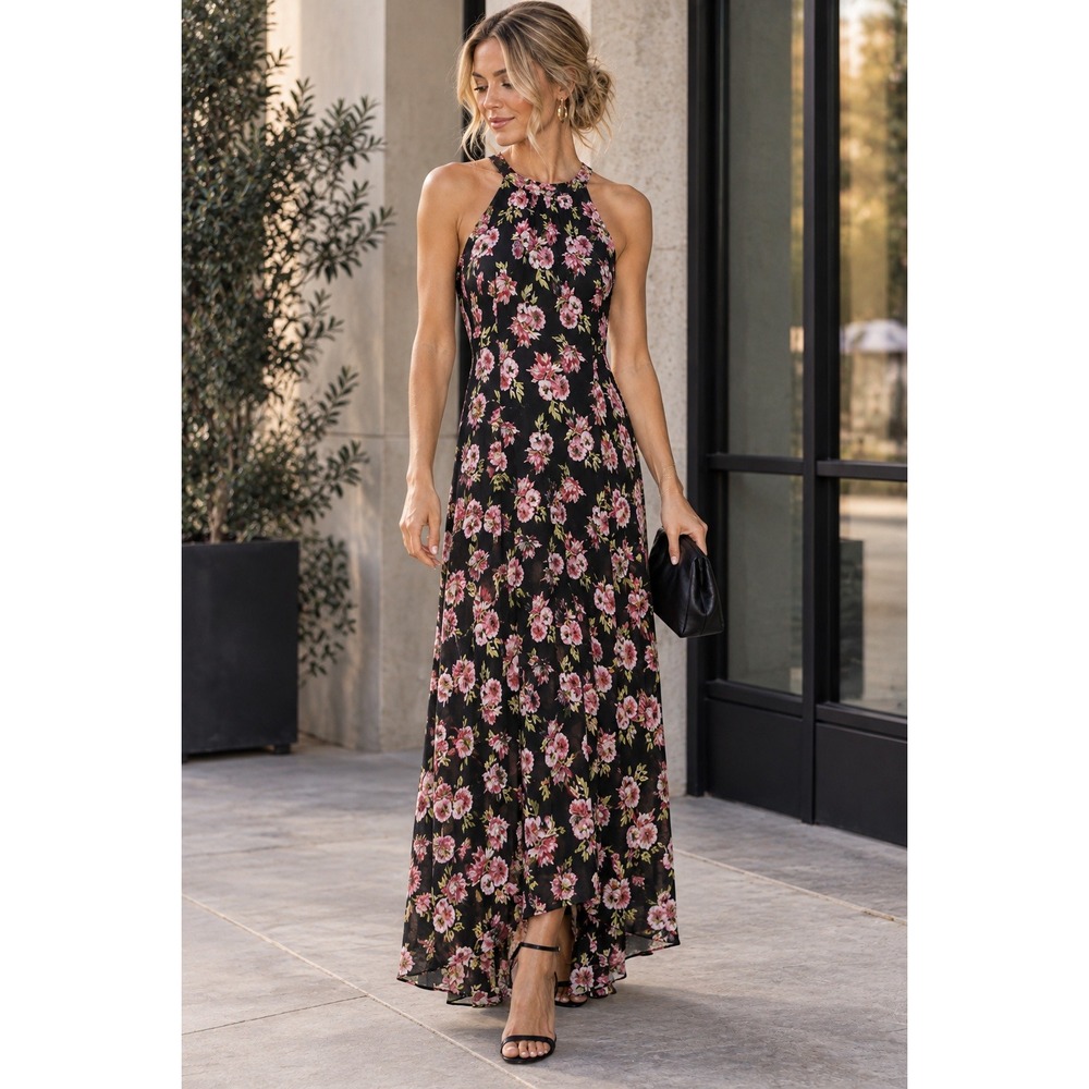 Floral High Low Halter Dress Size 6 Black Pink Wedding Guest Garden Party
